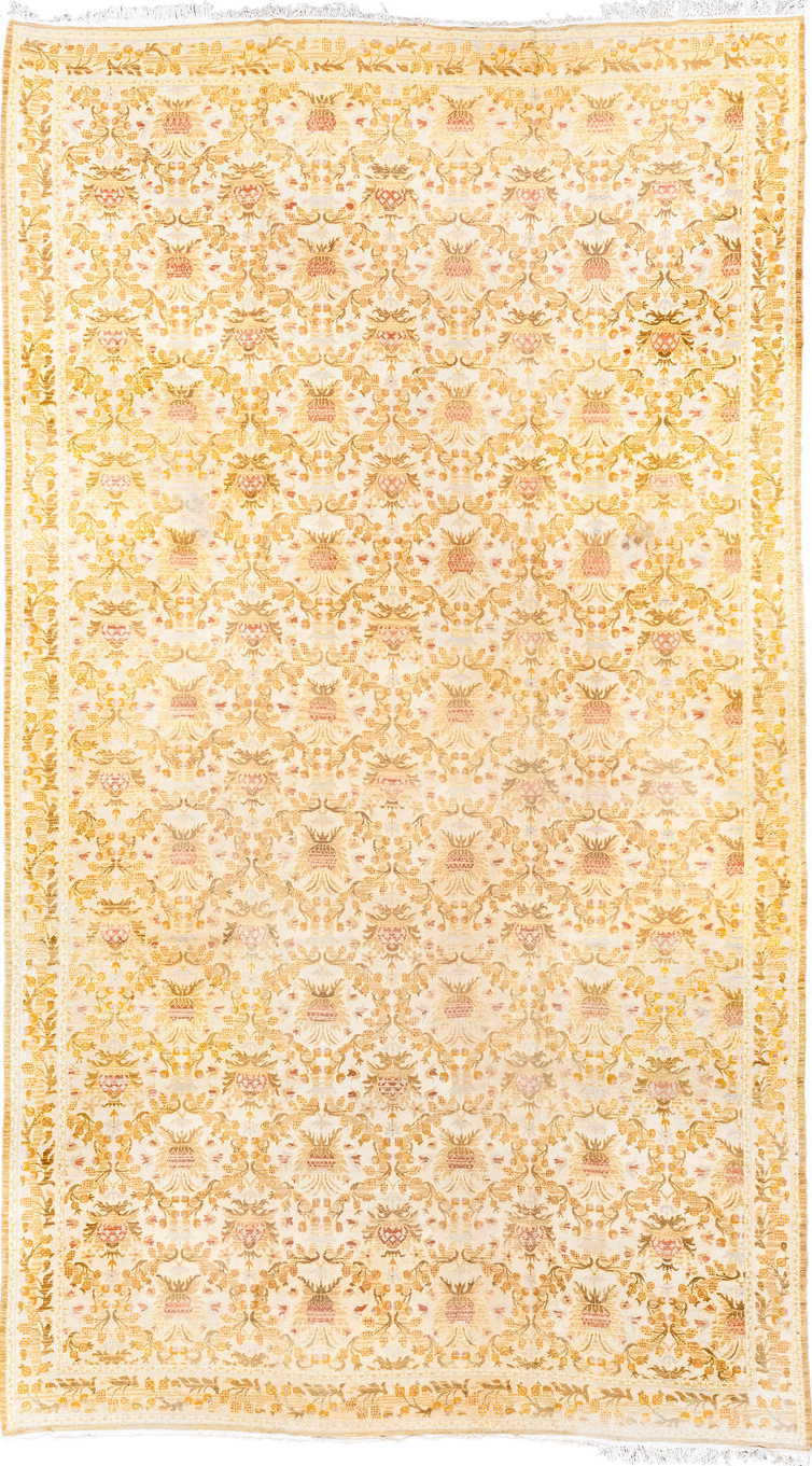 12' x 21' one-of-a-kind handmade vintage Cuenca oversize rug. Color palette: antiquewhite, brown, burlywood, cornsilk
