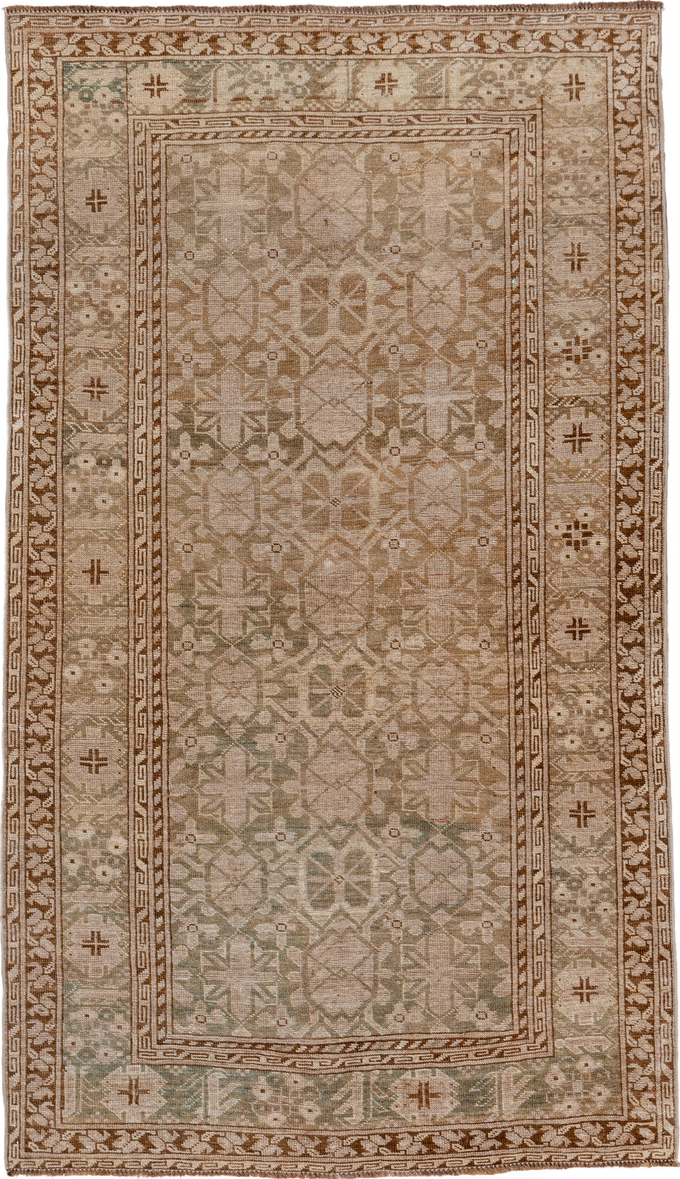 3' x 6' one-of-a-kind handmade vintage Afghan small size rug. Color palette: brown, off-white, pink
