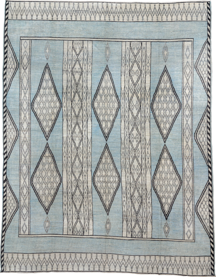 14' x 19' one-of-a-kind handmade vintage Tulu oversize rug. Color palette: gray, light gray, off-white, light blue, blue