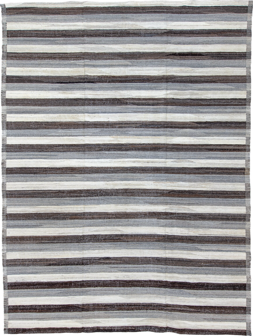 10' x 13' one-of-a-kind handmade vintage Kilim large size rug. Color palette: black, dark gray, gainsboro, gray, light blue
