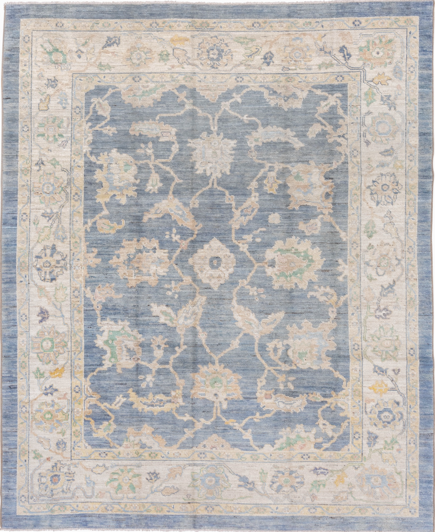 8' x 9' one-of-a-kind handmade vintage Oushak rug. Color palette: antiquewhite, brown, dark gray, gainsboro, gray
