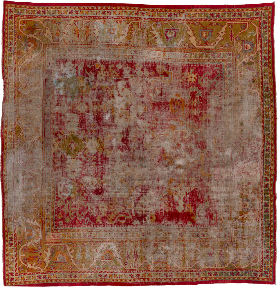 11' x 12' one-of-a-kind handmade vintage Oushak oversize rug. Color palette: brown, gray, light gray, pink, red