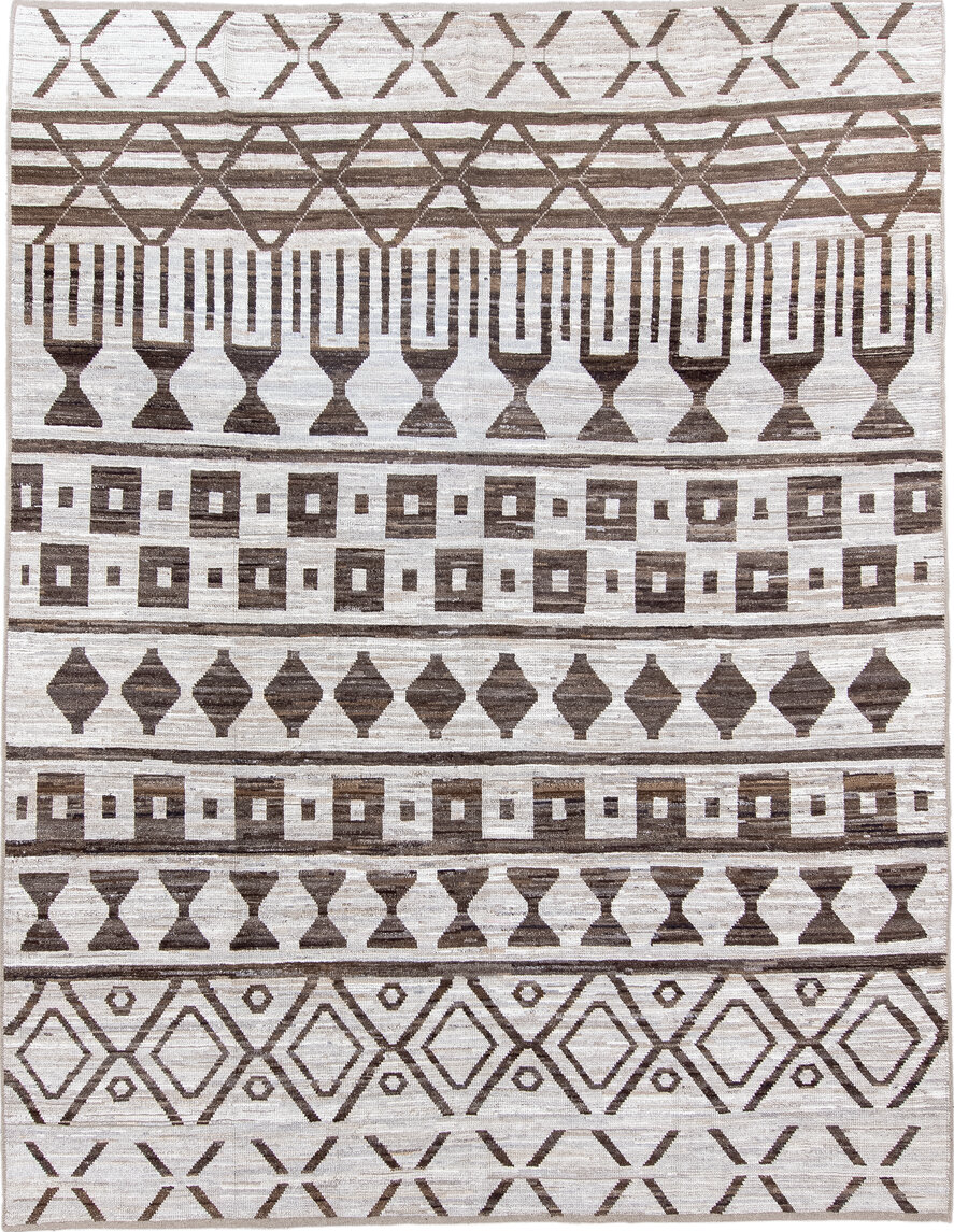 9' x 12' one-of-a-kind handmade vintage Tulu large size rug. Color palette: brown, dark gray, gainsboro, gray, light gray