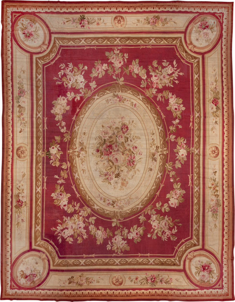 14' x 18' one-of-a-kind handmade vintage Aubusson oversize rug. Color palette: brown, pink, red, sienna, tan