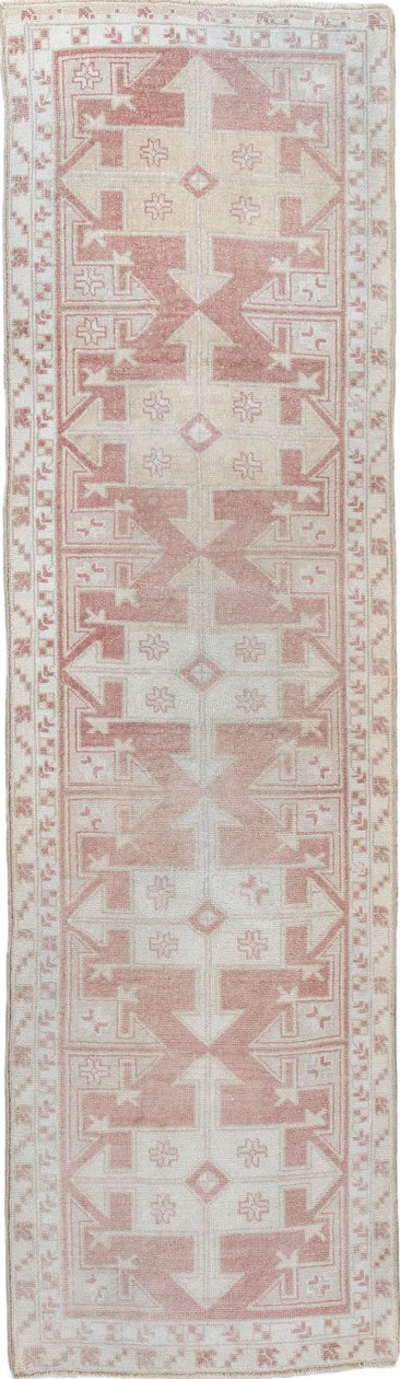 3' x 6' one-of-a-kind handmade vintage  runner rug. Color palette: gainsboro, gray, light gray, off-white, pink, rosy brown