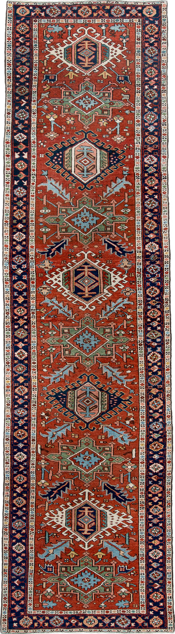 3' x 12' one-of-a-kind handmade vintage Karaje runner rug. Color palette: arapawa, blue, brown, dim gray, gray, light gray