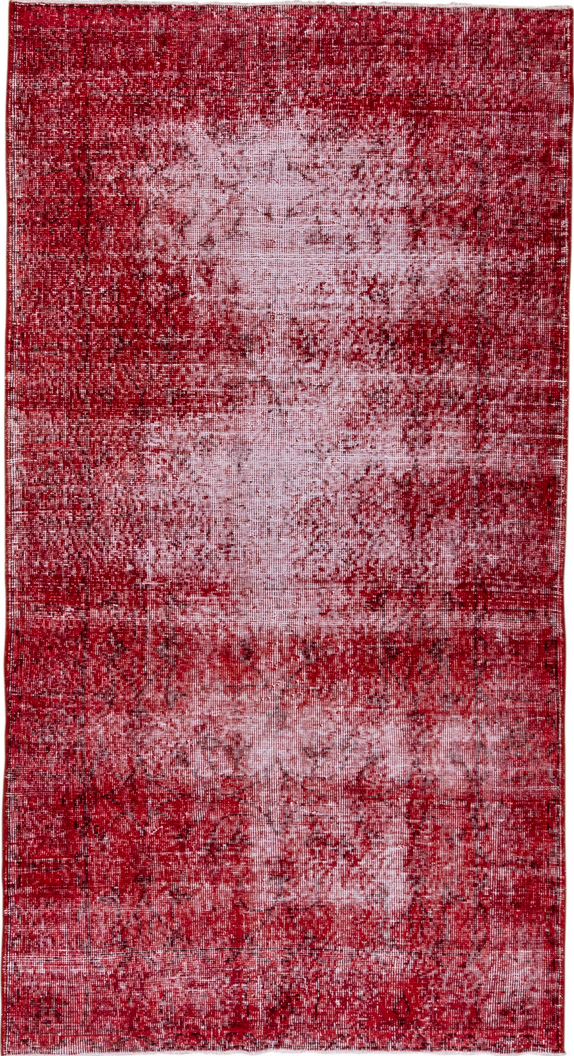 3' x 7' one-of-a-kind handmade vintage Overdyed rug. Color palette: brown, pink, red, wine
