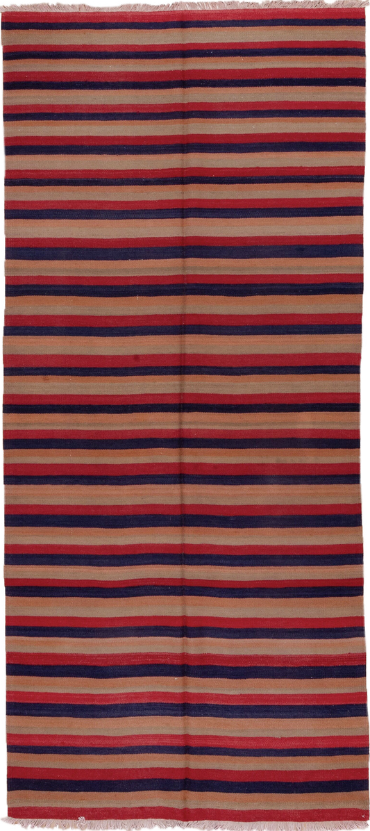 4' x 10' one-of-a-kind handmade vintage Kilim runner rug. Color palette: brown, gray, light gray, pink, red