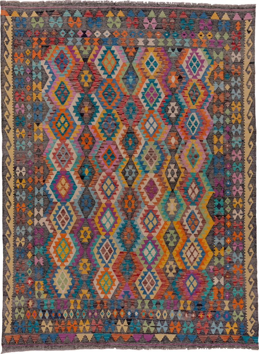 6' x 9' one-of-a-kind handmade vintage Kilim medium size rug. Color palette: arapawa, blue, brown, dim gray, gray, green