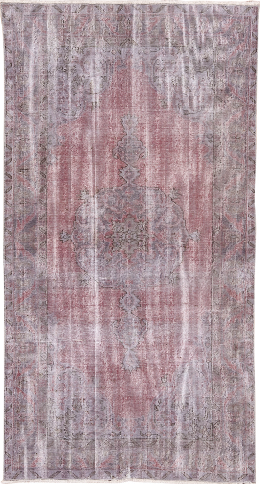 3' x 7' one-of-a-kind handmade vintage Overdyed rug. Color palette: dark gray, gray, light gray, off-white, pink