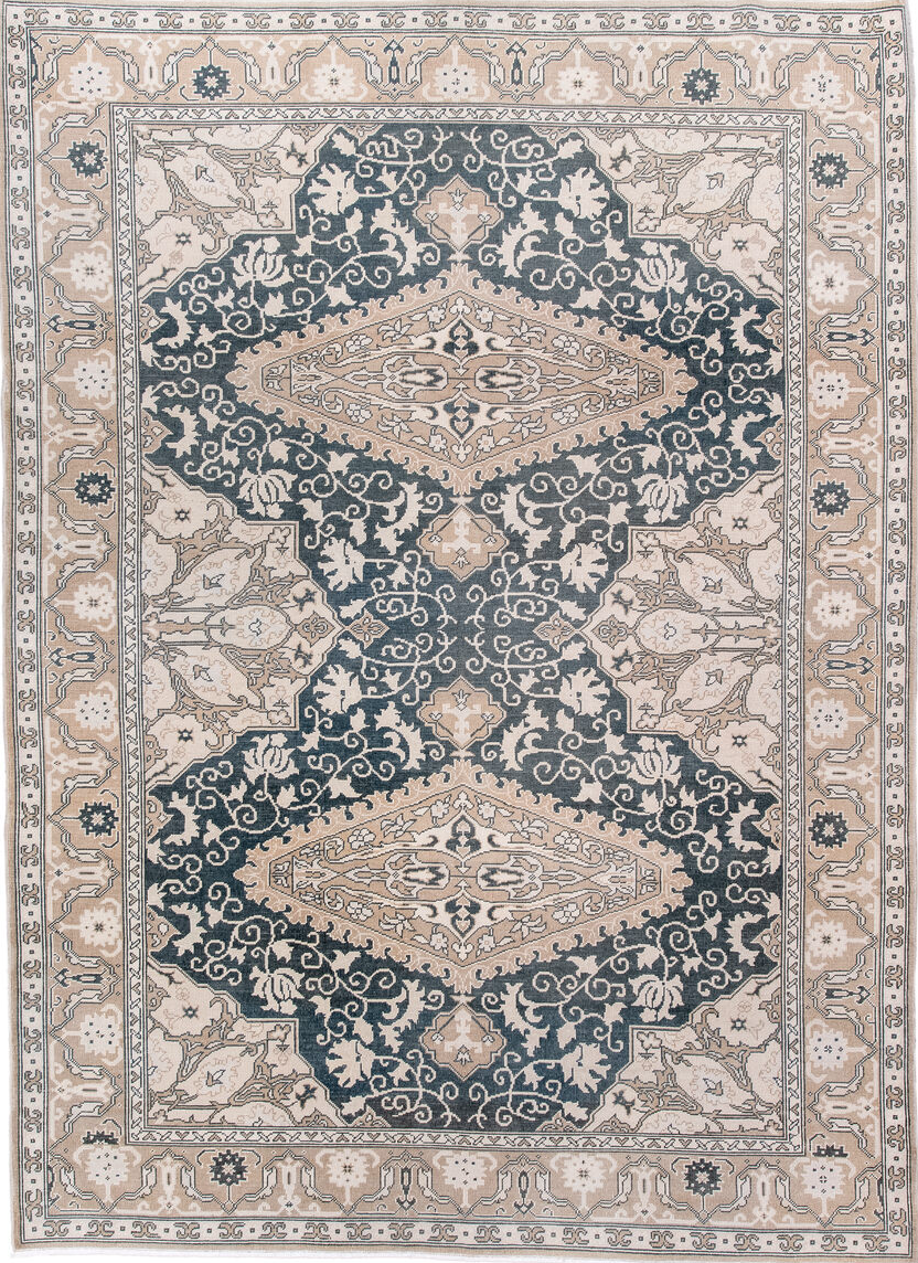 6' x 8' one-of-a-kind handmade vintage Sivas medium size rug. Color palette: black, blue, brown, charcoal, dark gray