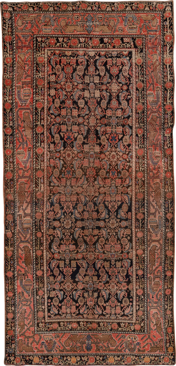 4' x 10' one-of-a-kind handmade vintage Malayer runner rug. Color palette: black, blue, brown, charcoal, gray, pink, red