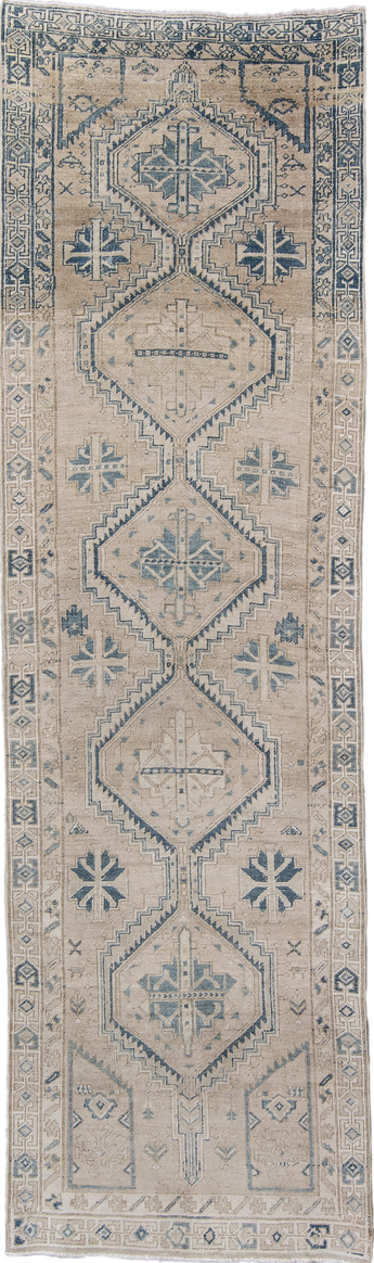 3' x 10' one-of-a-kind handmade vintage Heriz runner rug. Color palette: gray, blue, light gray, off-white, gainsboro