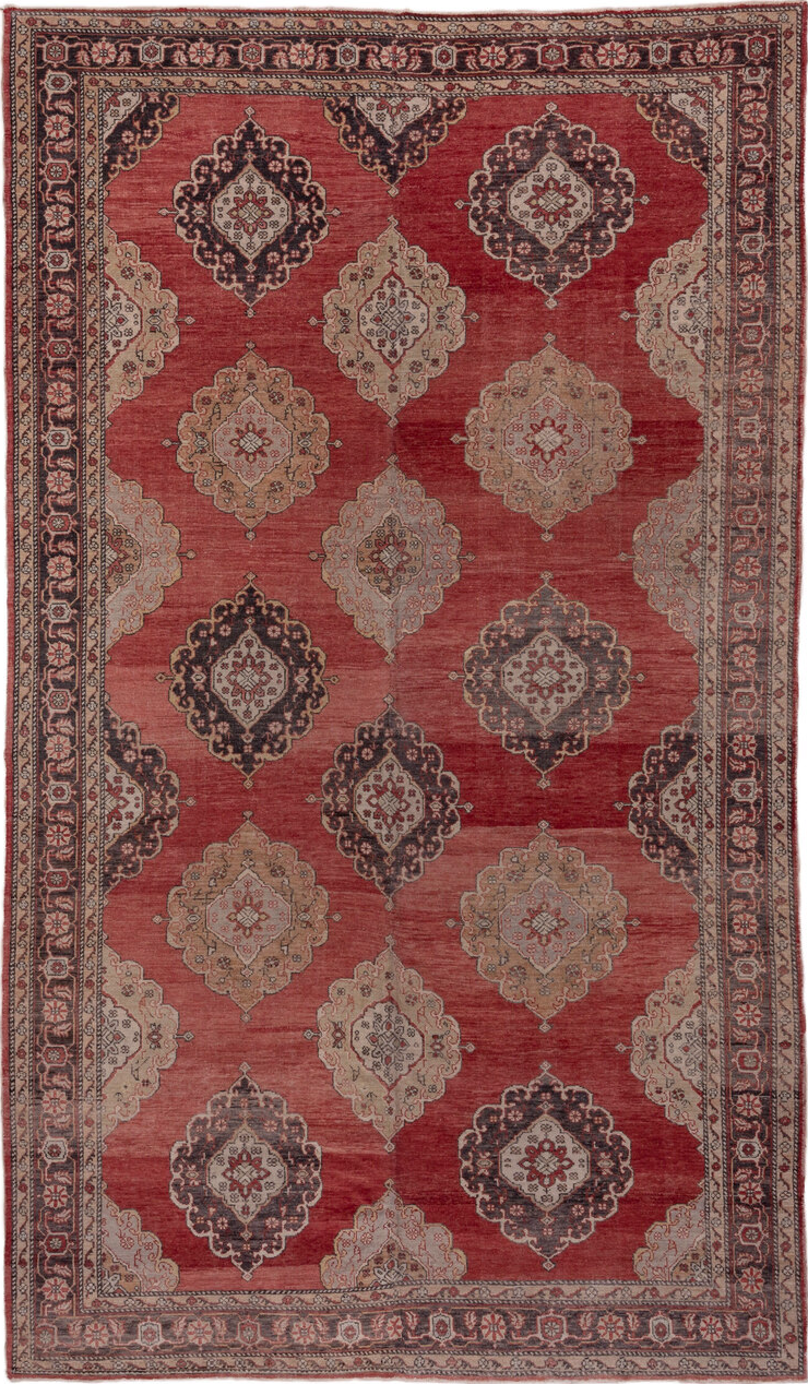 8' x 13' one-of-a-kind handmade vintage Oushak large size rug. Color palette: brown, gray, off-white, pink, red, redwood