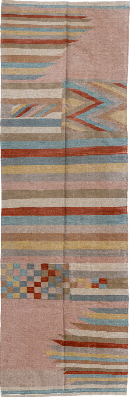 3' x 10' one-of-a-kind handmade vintage Kilim runner rug. Color palette: brown, dim gray, gray, pink, red