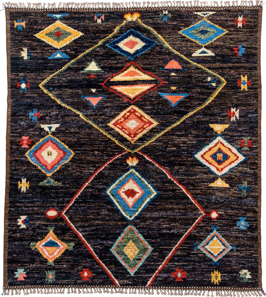 8' x 9' one-of-a-kind handmade vintage Tulu rug. Color palette: antiquewhite, black, blue, brown, dark salmon, gray
