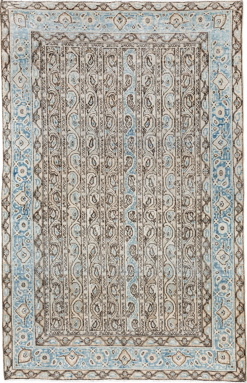 4' x 7' one-of-a-kind handmade vintage Qum rug. Color palette: black, blue, gainsboro, gray, light gray, off-white, silver
