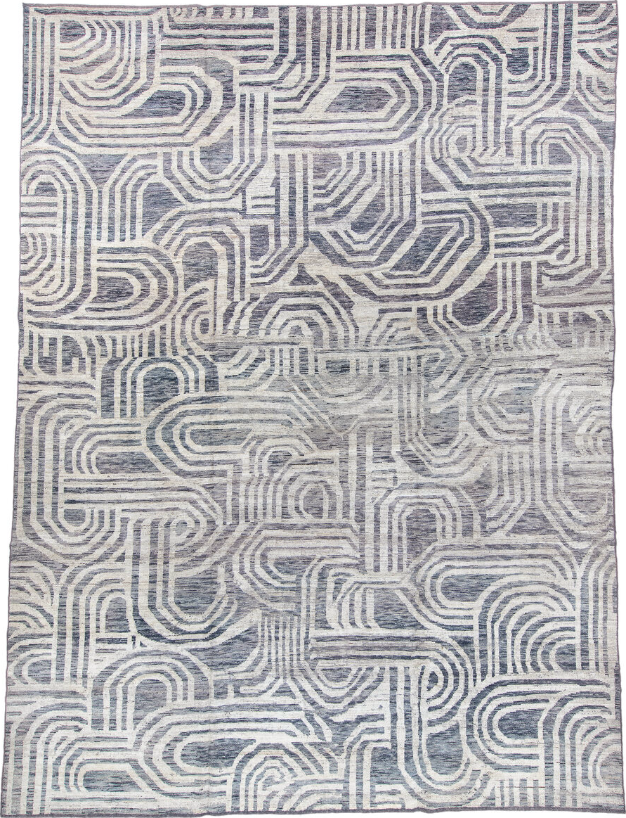 10' x 14' one-of-a-kind handmade vintage Tulu large size rug. Color palette: blue, dark gray, gray, light blue, light gray