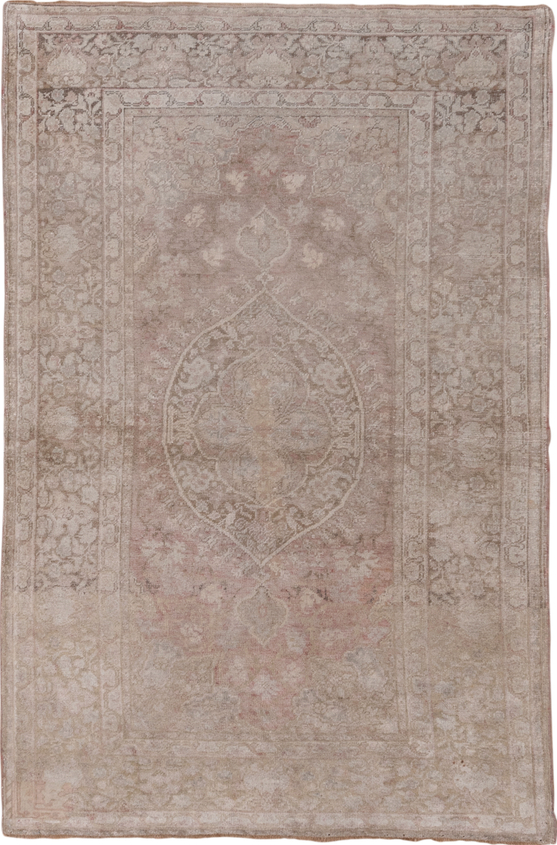 4' x 6' one-of-a-kind handmade vintage Oushak small size rug. Color palette: gray, light gray, pink
