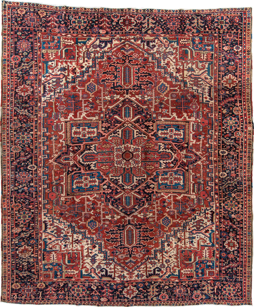 9' x 10' one-of-a-kind handmade vintage Heriz large size rug. Color palette: brown, red, blue, gray, orange, off-white, pink