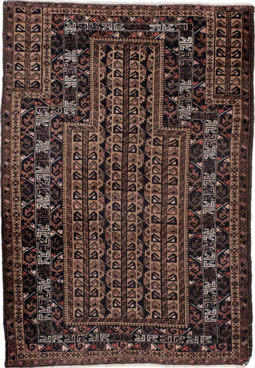 3' x 4' one-of-a-kind handmade vintage Belouch small size rug. Color palette: black, blue, brown, dark gray, gray