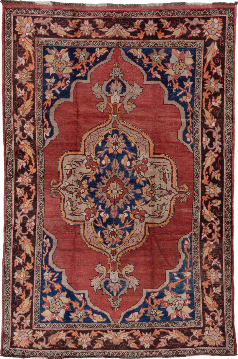 6' x 10' one-of-a-kind handmade vintage Oushak large size rug. Color palette: blue, brown, gray, pink, red