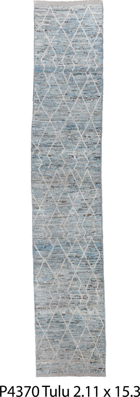 2' x 15' one-of-a-kind handmade vintage Tulu runner rug. Color palette: dark gray, dim gray, gainsboro, gray, light blue