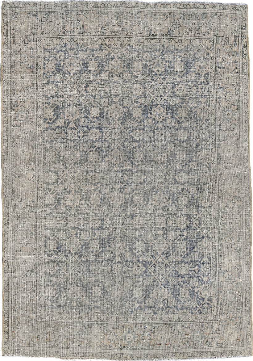 5' x 7' one-of-a-kind handmade vintage Tabriz rug. Color palette: black, blue, charcoal, dark gray, dim gray, floral white