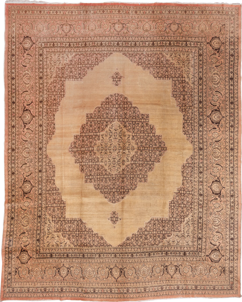 12' x 16' one-of-a-kind handmade vintage Tabriz oversize rug. Color palette: brown, orange, pink, redwood
