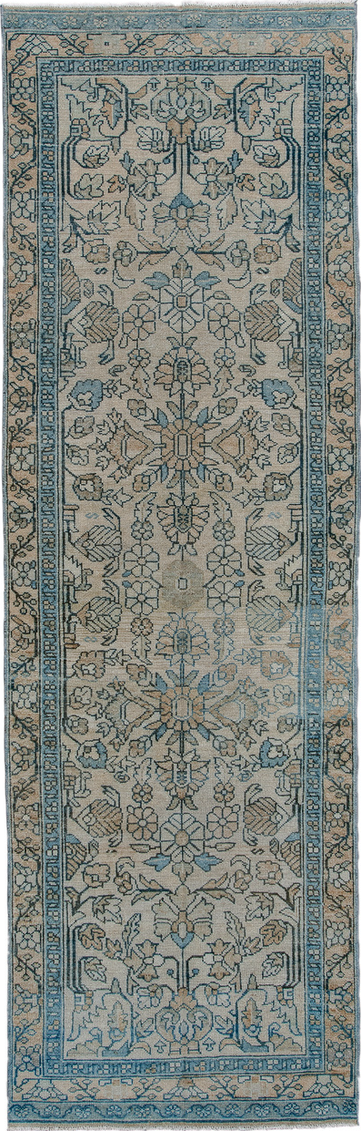 3' x 9' one-of-a-kind handmade vintage Malayer runner rug. Color palette: gray, black, light gray, off-white, blue, green