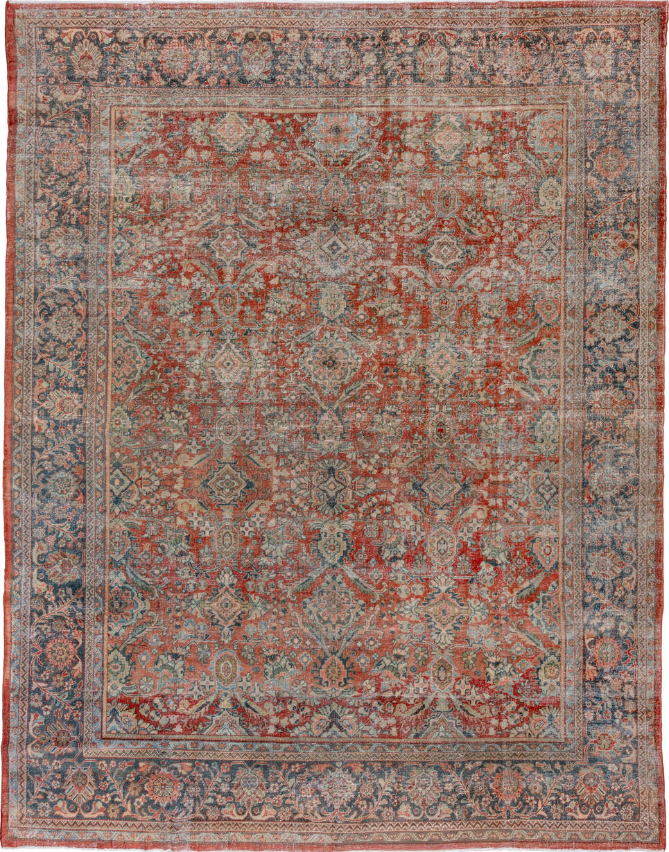 10' x 13' one-of-a-kind handmade vintage Mahal large size rug. Color palette: black, brown, gray, light gray, pink, red