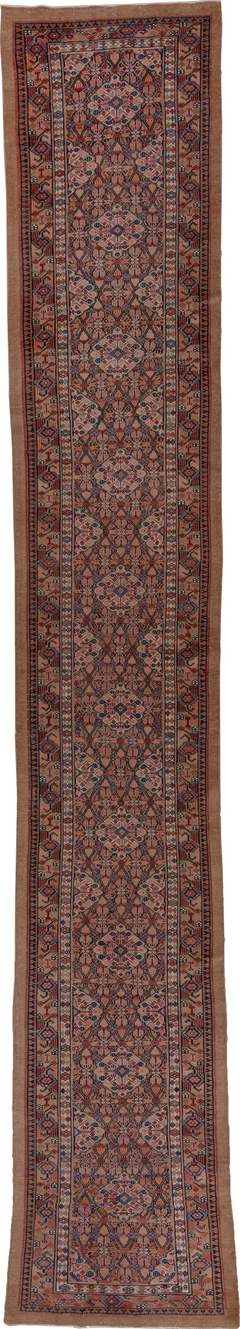 2' x 17' one-of-a-kind handmade vintage Cam Hamadan runner rug. Color palette: gray, pink, brown, red, off-white, dim gray