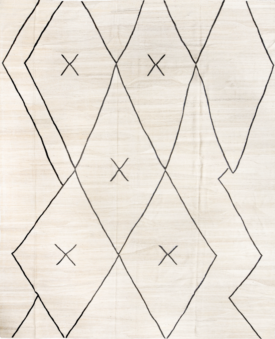 12' x 15' one-of-a-kind handmade vintage Kilim oversize rug. Color palette: antiquewhite, black, brown, charcoal, dark gray