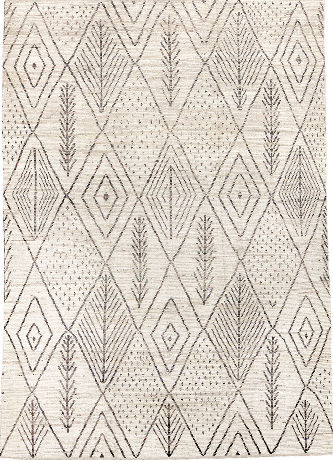 9' x 14' one-of-a-kind handmade vintage Tulu large size rug. Color palette: gray, light gray, linen, off-white, pink, silver