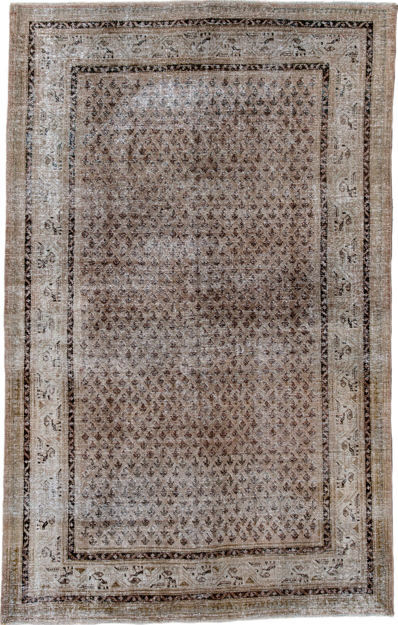 5' x 8' one-of-a-kind handmade vintage Saraband medium size rug. Color palette: black, brown, charcoal, dark gray, gainsboro