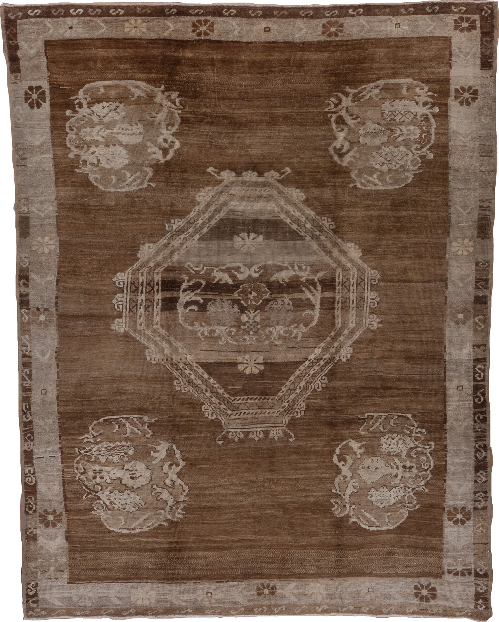 7' x 9' one-of-a-kind handmade vintage Oushak rug. Color palette: brown, gray, off-white, pink, snow, white, whitesmoke