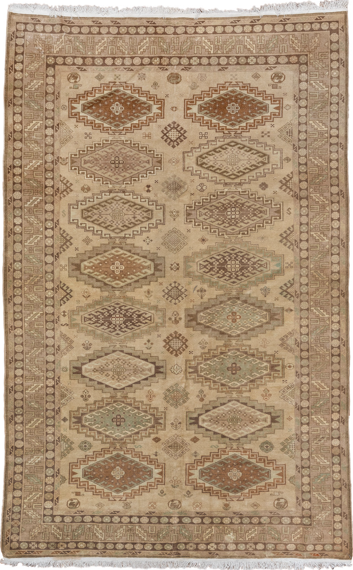 6' x 9' one-of-a-kind handmade vintage Derband medium size rug. Color palette: brown, gray, light gray, off-white, orange