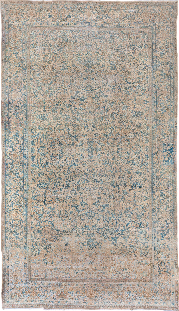 9' x 16' one-of-a-kind handmade vintage Kerman rug. Color palette: blue, brown, dim gray, gray, light gray, off-white, pink
