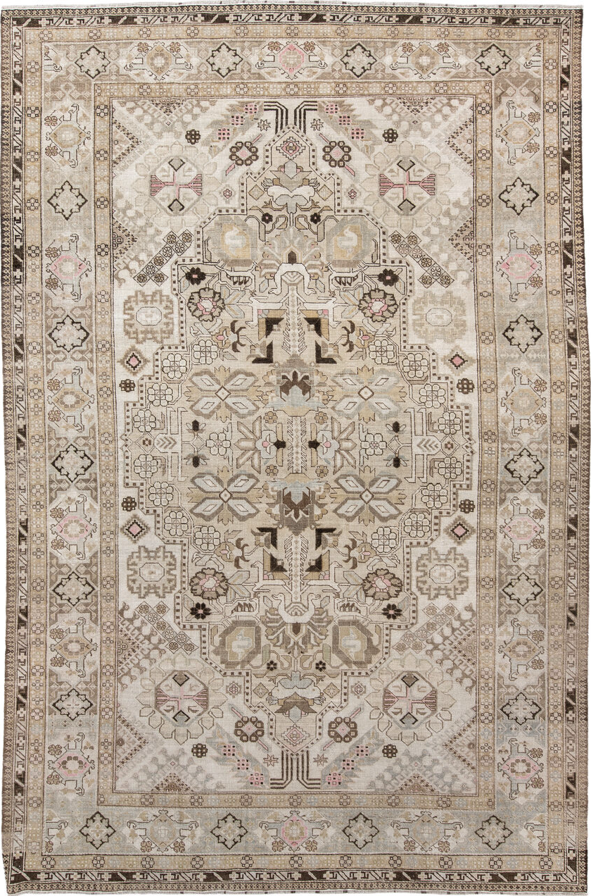 7' x 10' one-of-a-kind handmade vintage Ardebil large size rug. Color palette: brown, gray, light gray, off-white, pink
