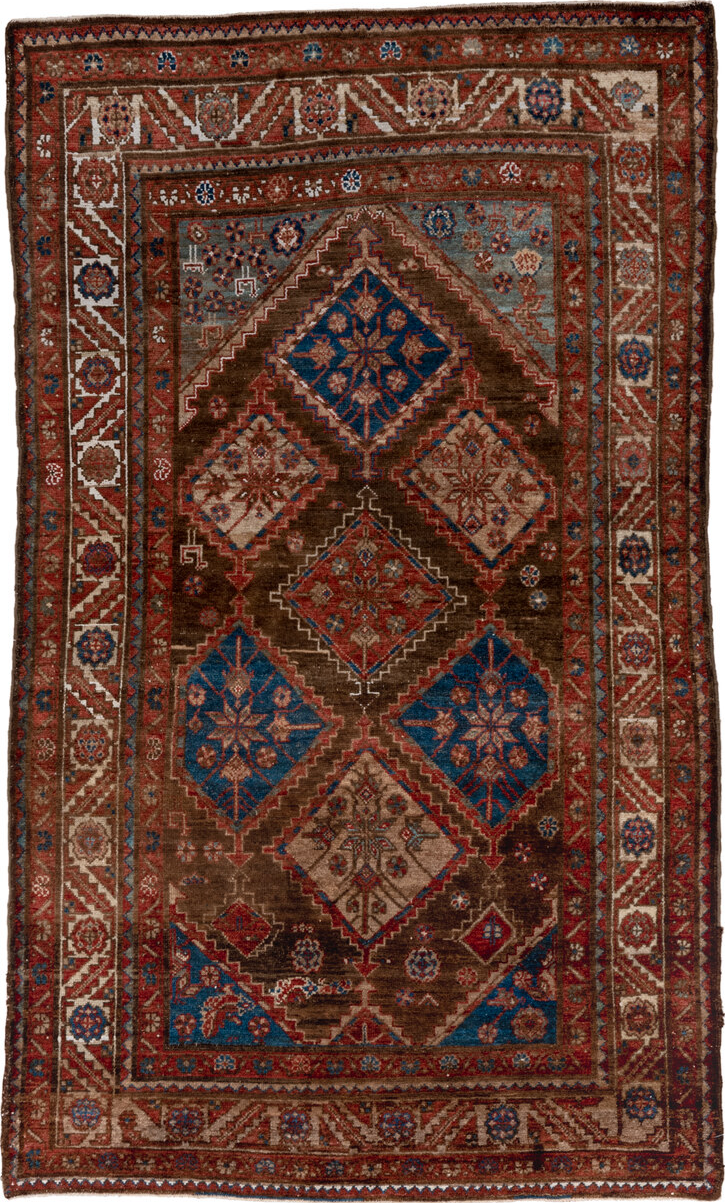 4' x 7' one-of-a-kind handmade vintage Malayer rug. Color palette: arapawa, black, blue, brown, gray, light gray, off-white