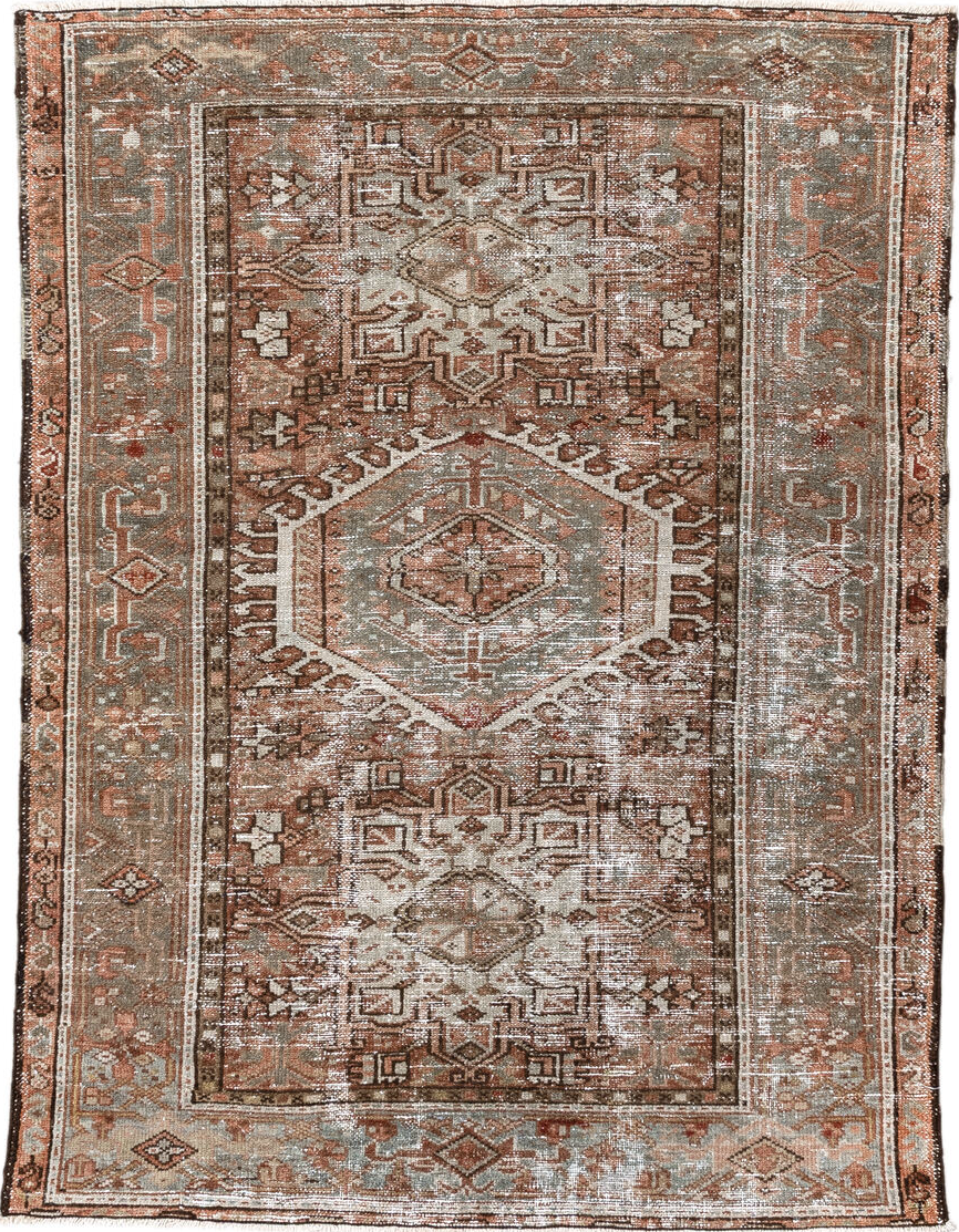 3' x 4' one-of-a-kind handmade vintage Karaje small size rug. Color palette: brown, gainsboro, gray, light gray, linen