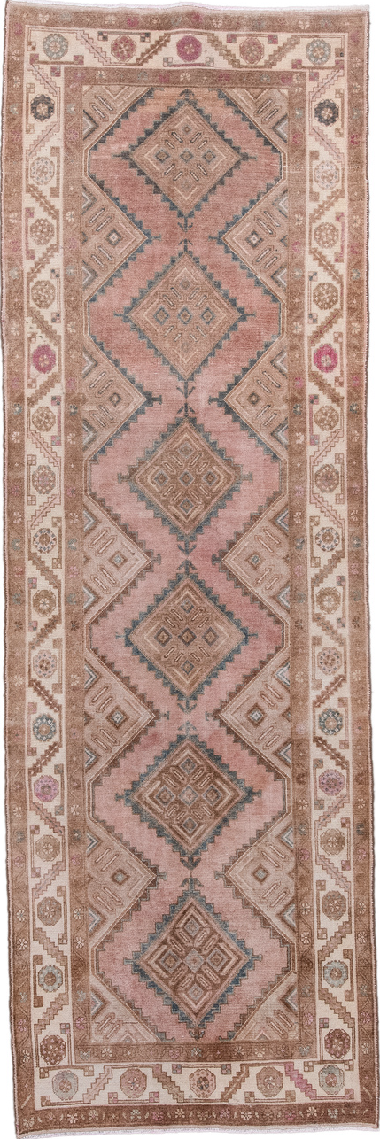 3' x 10' one-of-a-kind handmade vintage Hamadan runner rug. Color palette: brown, dim gray, gray, light gray, off-white