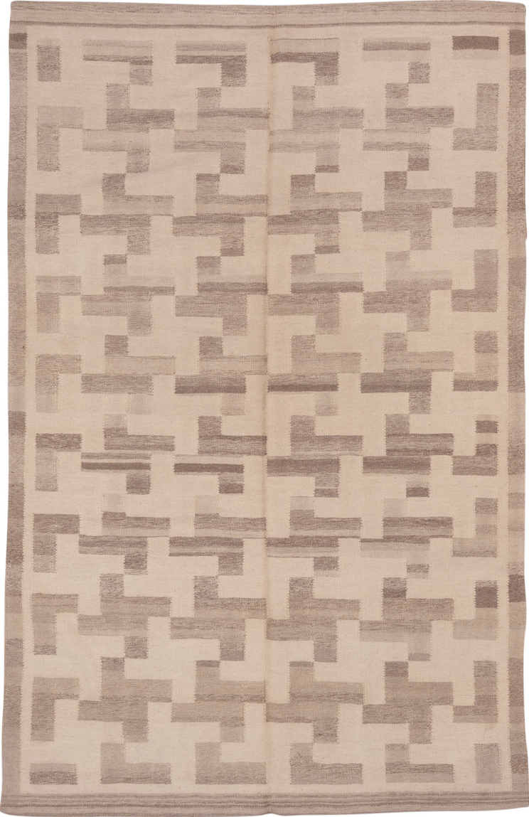 6' x 10' one-of-a-kind handmade vintage Kilim large size rug. Color palette: brown, gray, light gray, off-white, orange