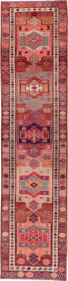 2' x 10' one-of-a-kind handmade vintage Oushak runner rug. Color palette: brown, gray, indian red, pink, red