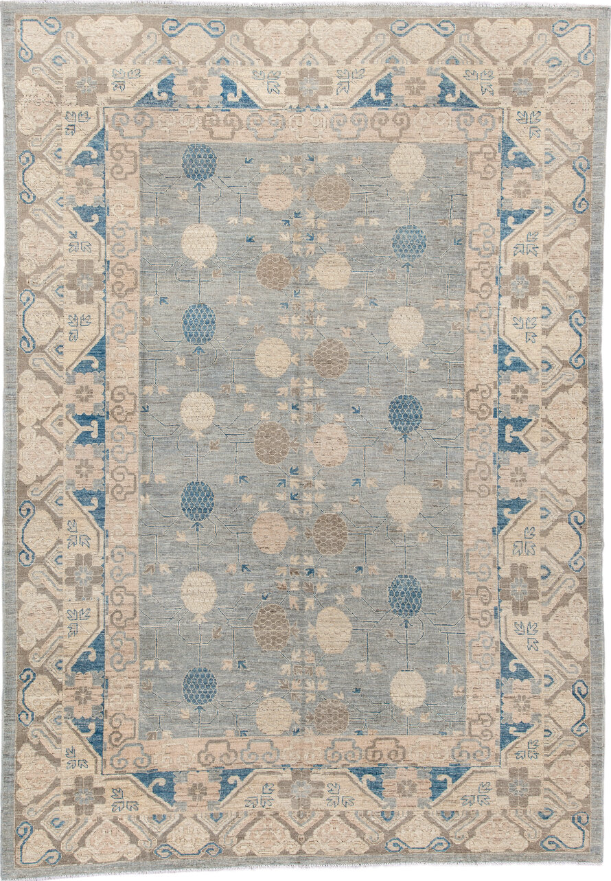 9' x 12' one-of-a-kind handmade vintage Oushak large size rug. Color palette: blue, brown, dim gray, gainsboro, gray