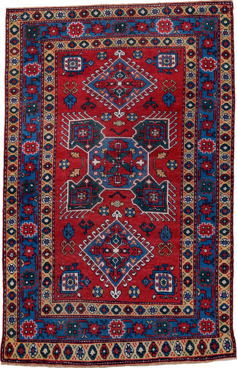 3' x 5' one-of-a-kind handmade vintage Caucasian small size rug. Color palette: blue, brown, dark gray, gray, light gray