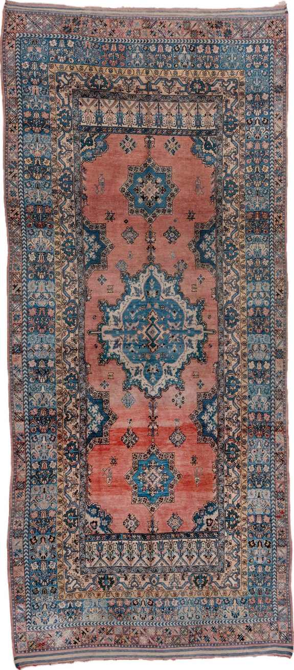 6' x 14' one-of-a-kind handmade vintage Moroccan large size rug. Color palette: black, blue, brown, charcoal, gray