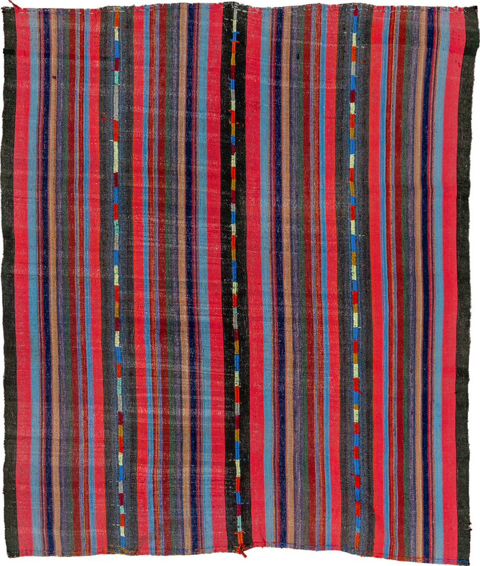 6' x 8' one-of-a-kind handmade vintage Kilim medium size rug. Color palette: blue, brown, gray, off-white, pink, red, snow