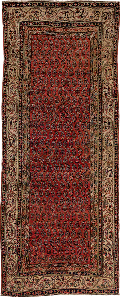 4' x 11' one-of-a-kind handmade vintage Saraband runner rug. Color palette: black, brown, gray, orange, pink, red