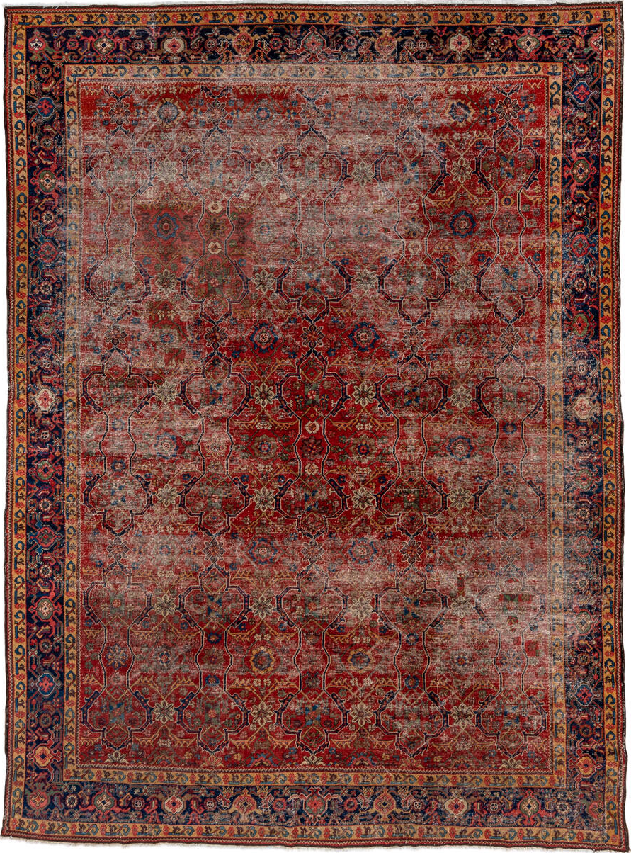 8' x 12' one-of-a-kind handmade vintage Mahal large size rug. Color palette: brown, gray, off-white, pink, red, redwood